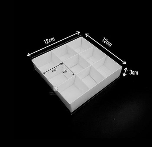 100 Pack of White Card Chocolate Sweet Soap Product Reatail Gift Box - 9 bay 4x4x3cm Compartments - Clear Slide On Lid - 12x12x3cm