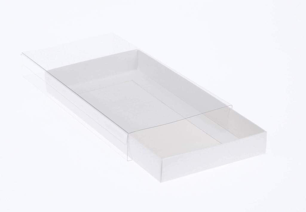 50 Pack of White Card Box - Clear Slide On Lid - 30 x 20 x 8cm - Large Beauty Product Gift Giving Hamper Tray Merch Fashion Cake Sweets Xmas