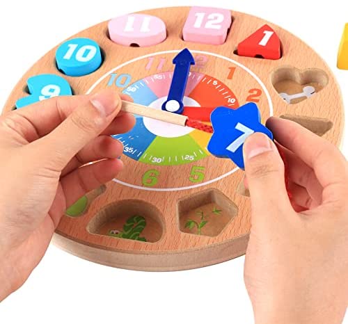 Wooden Shape Color Sorting Clock for Teaching Time Number for Kids (Montessori Early Learning Educational)