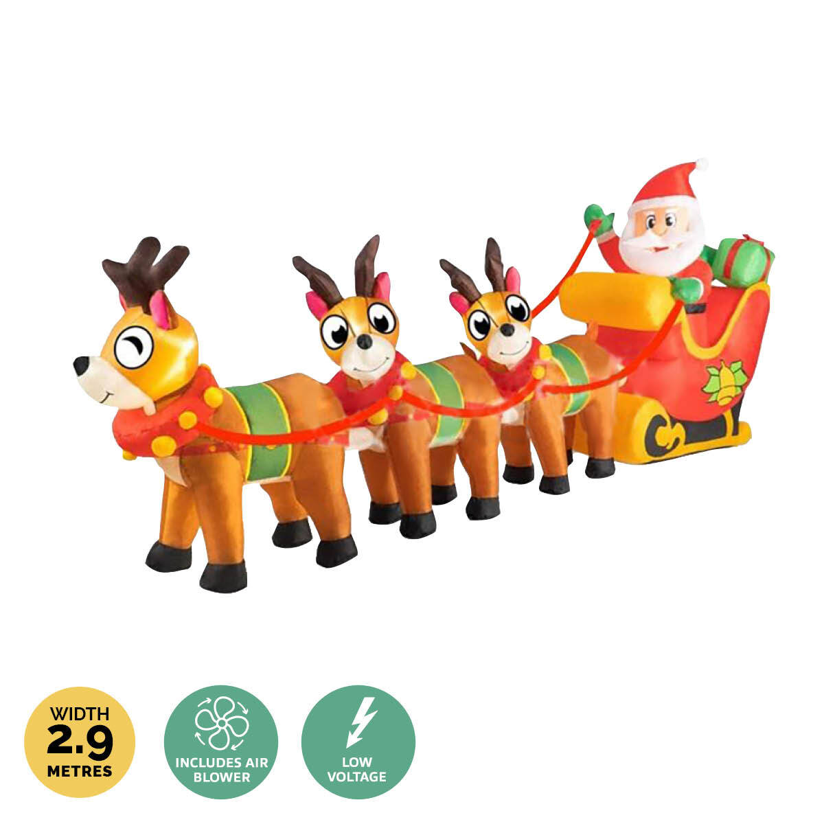 Christmas By Sas 2.9m Santa Reindeers & Sleigh Built-In Blower Self Inflatable LED Lighting