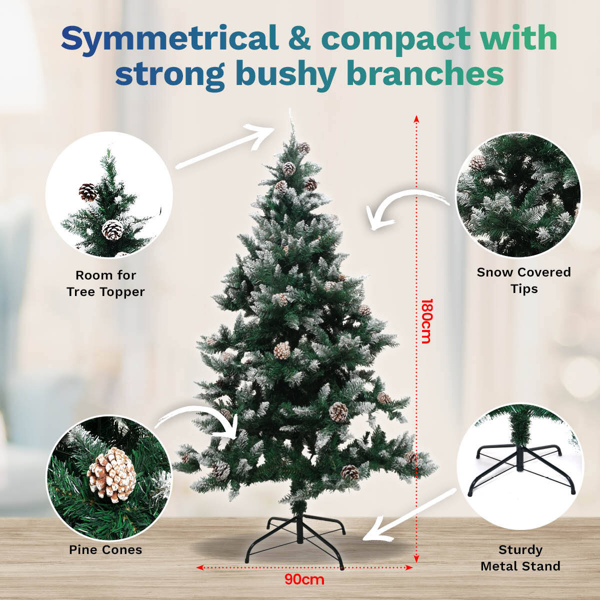 Christmas By Sas 1.8m Full Figured Tree Snow Covered Tips & Pine Cones