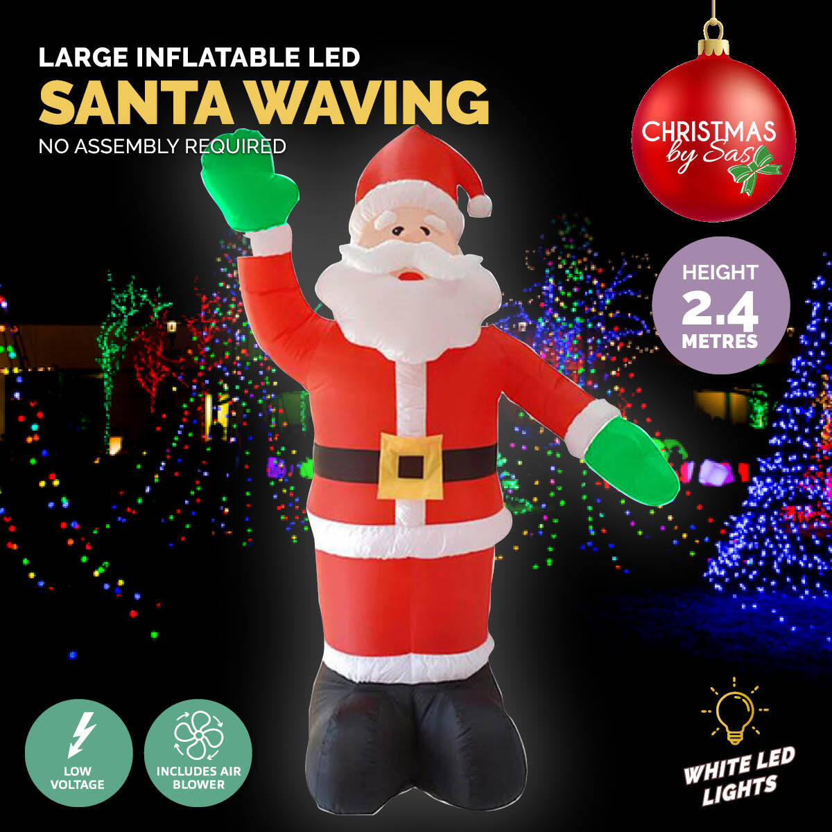 Christmas By Sas 2.4m Waving Santa Self Inflatable Bright LED Lighting