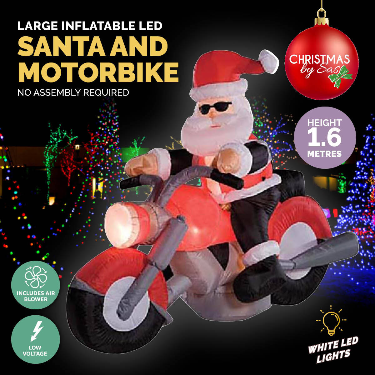 Christmas By Sas 1.6m Self Inflatable Santa & Motorbike Built-In Blower Bright LED Lighting