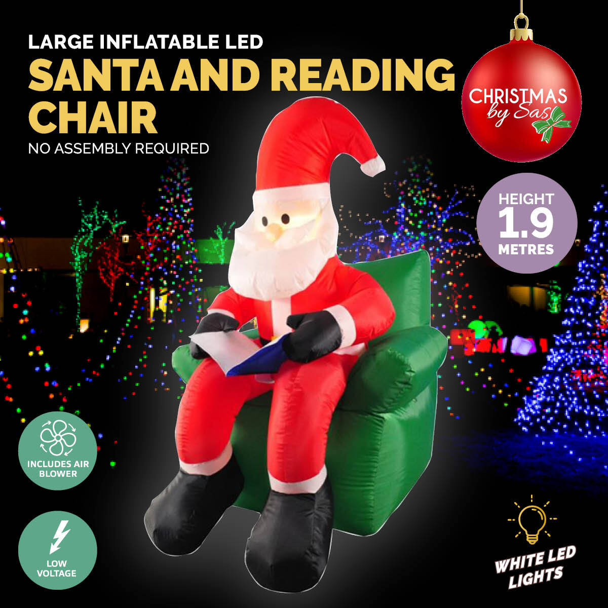 Christmas By Sas 1.9m Santa & His Reading Chair Self Inflatable LED Lighting