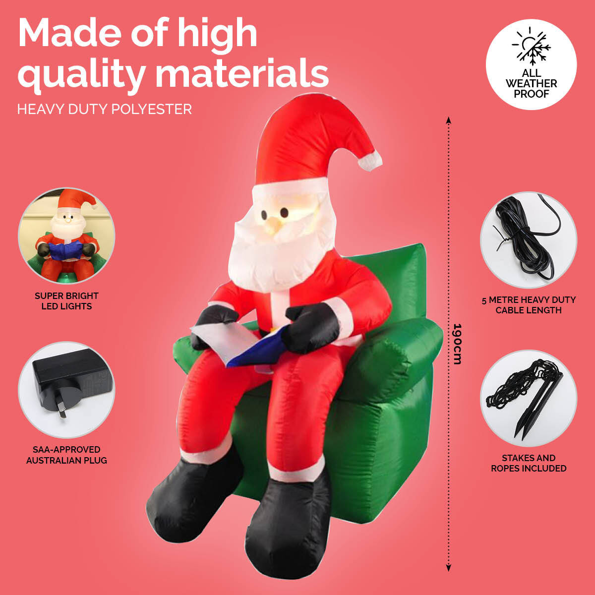 Christmas By Sas 1.9m Santa & His Reading Chair Self Inflatable LED Lighting