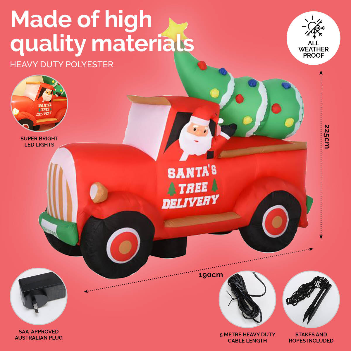 Christmas By Sas 2.25m Santa Ute & Tree Built-In Blower Bright Self Inflatable LED Lighting