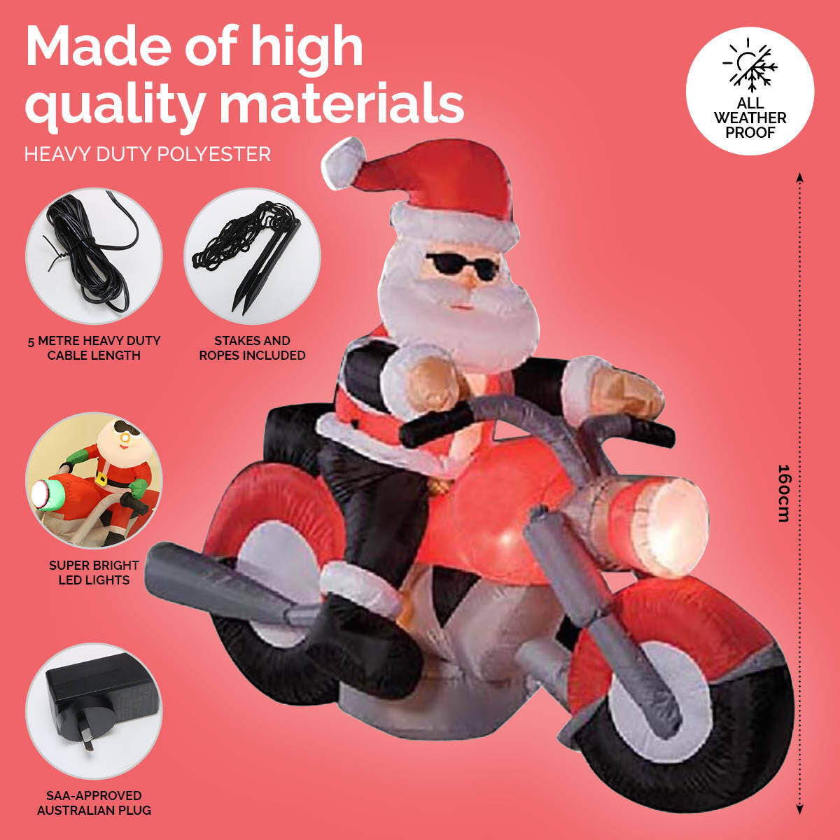 Christmas By Sas 1.6m Self Inflatable Santa & Motorbike Built-In Blower Bright LED Lighting