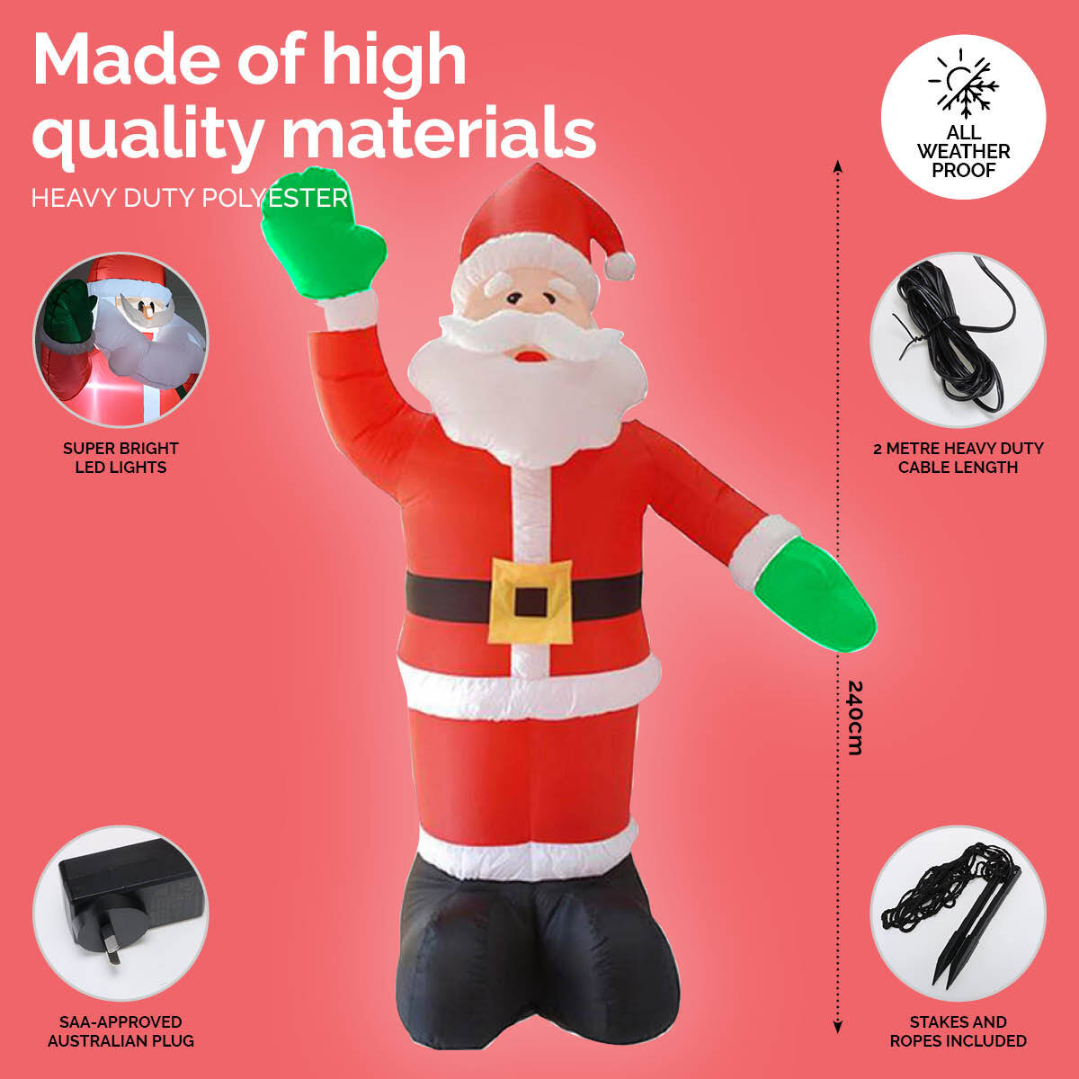 Christmas By Sas 2.4m Waving Santa Self Inflatable Bright LED Lighting