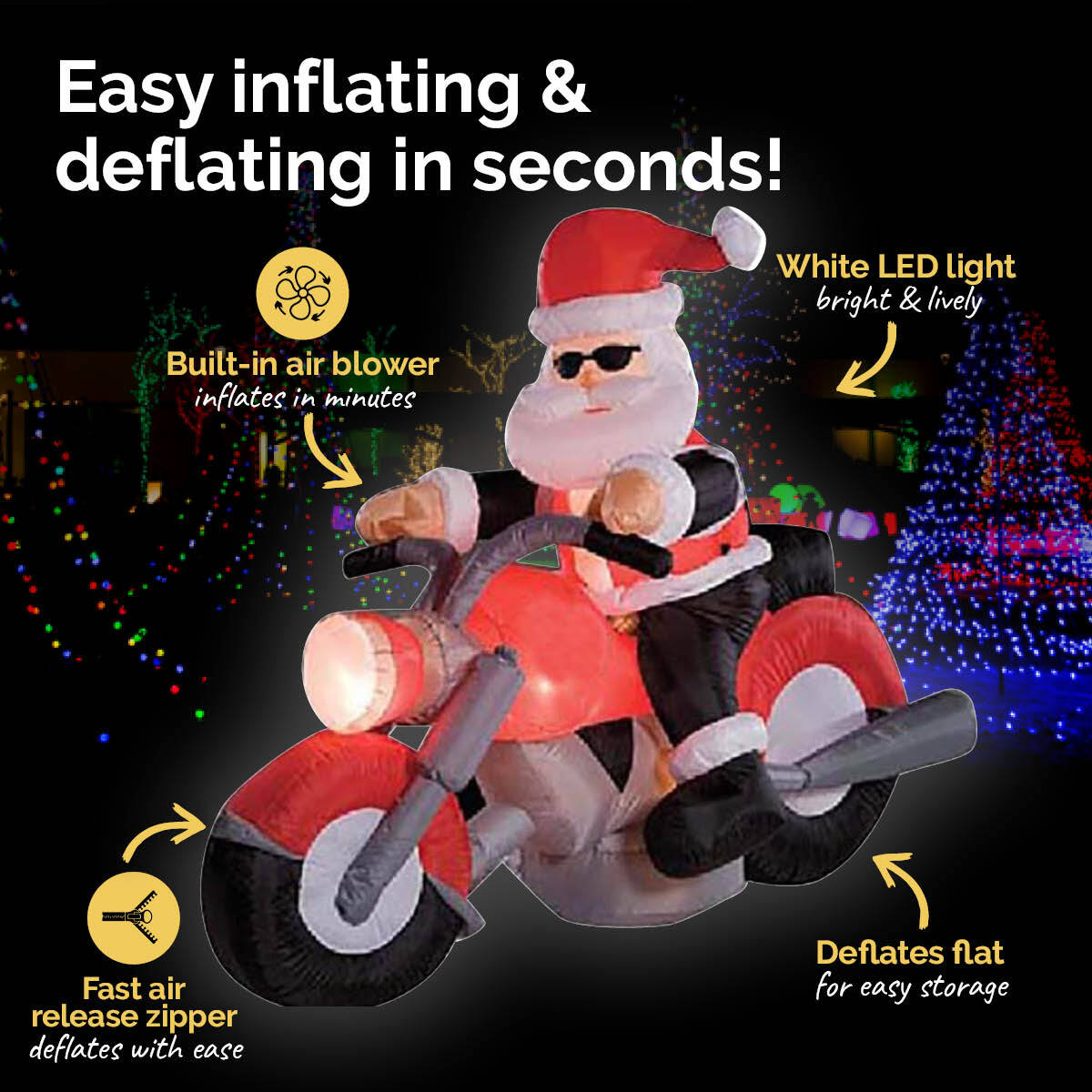 Christmas By Sas 1.6m Self Inflatable Santa & Motorbike Built-In Blower Bright LED Lighting