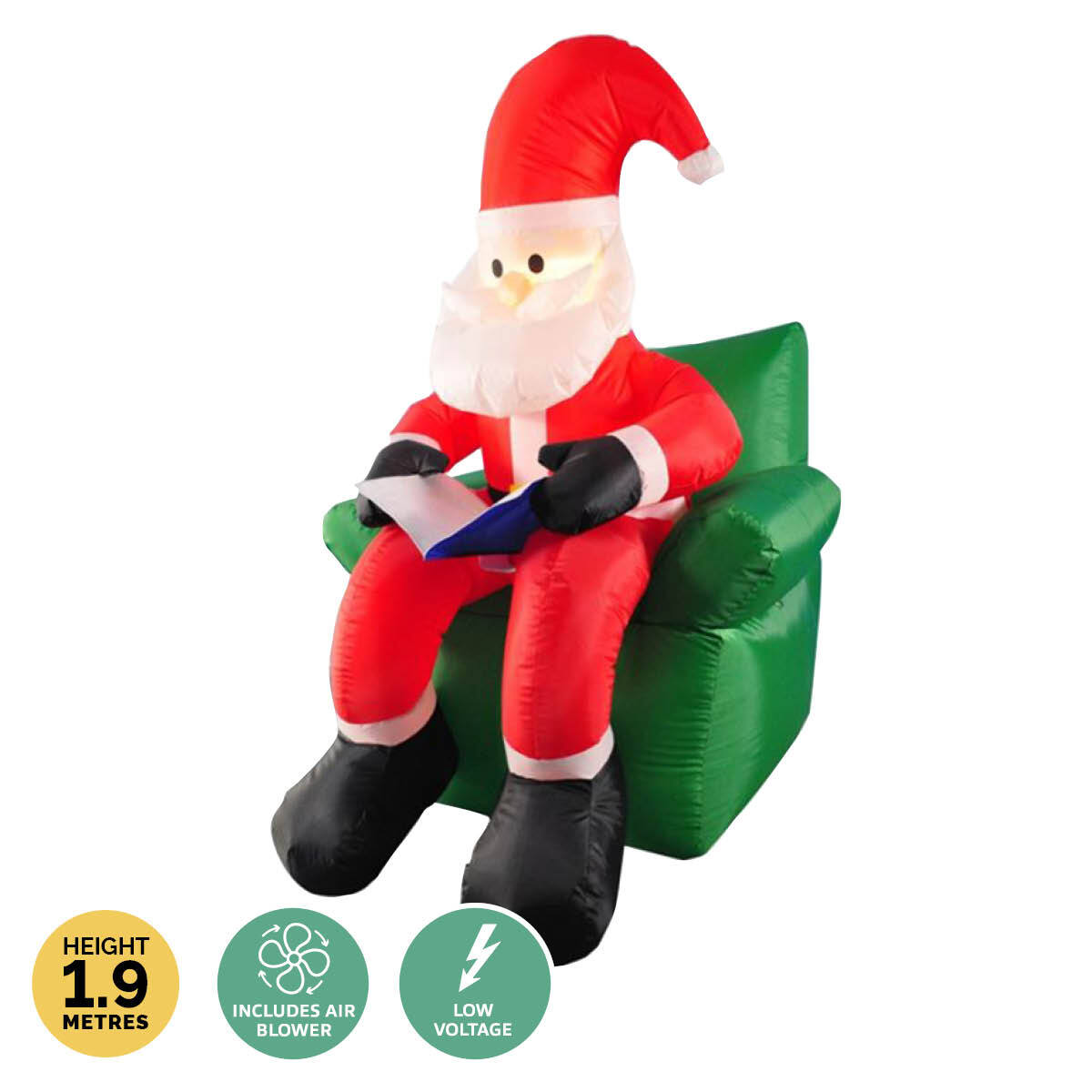 Christmas By Sas 1.9m Santa & His Reading Chair Self Inflatable LED Lighting